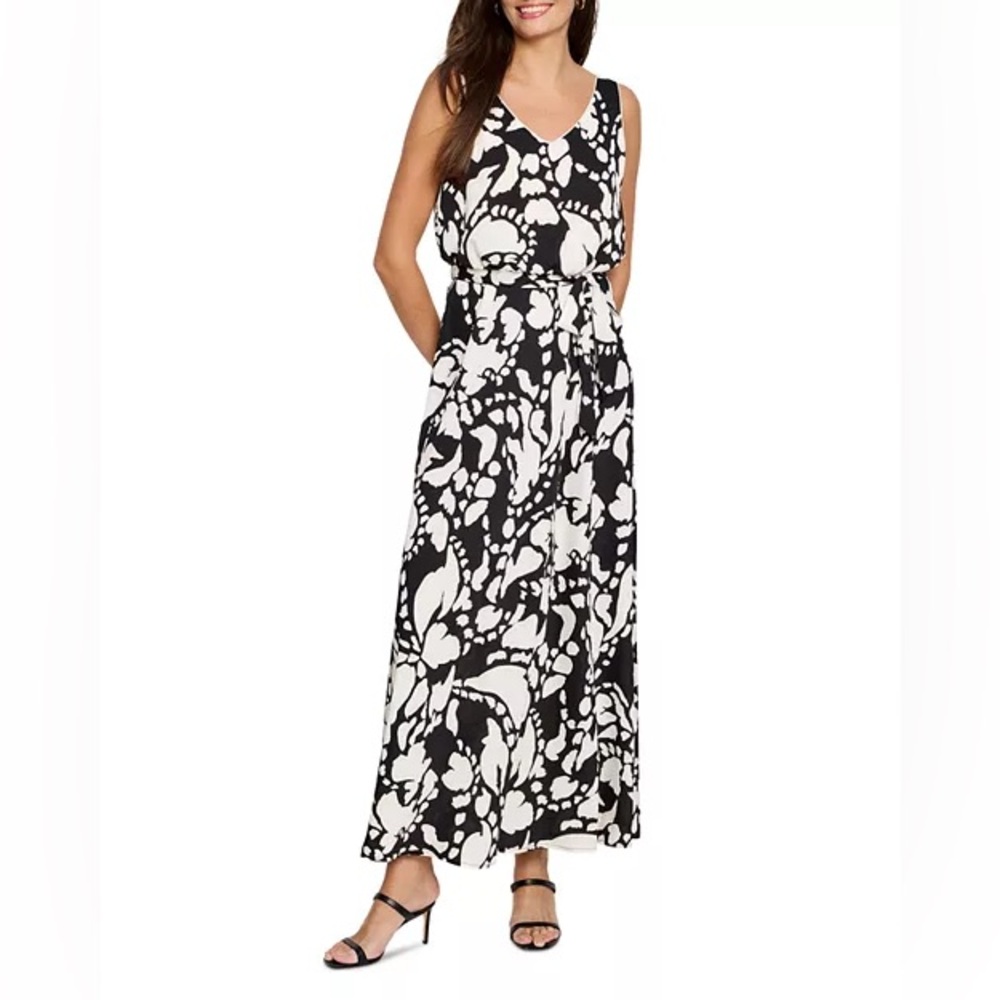 NIC+ZOE Black & White Tie Waist Sleeveless Maxi Dress‎ Size Large NWT